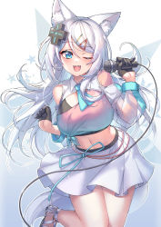 Rule 34 | 1girl, absurdres, animal ears, black gloves, blue eyes, breasts, character request, copyright request, d-pad, d-pad hair ornament, fangs, gloves, hair ornament, hairclip, highres, holding, holding microphone, large breasts, lips, looking at viewer, microphone, navel, one eye closed, silver hair, skirt, solo, tail, teeth, togami (tobysou526), virtual youtuber, white footwear, white skirt