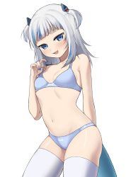 Rule 34 | 1girl, :d, bangs, blue bra, blue eyes, blue hair, blue nails, blue panties, blunt bangs, blush, bra, contrapposto, cowboy shot, fish tail, gawr gura, hair ornament, highres, hololive, hololive english, jess (jessdont), loli, looking at viewer, medium hair, multicolored hair, nail polish, open mouth, panties, shark girl, shark hair ornament, shark tail, sharp teeth, silver hair, simple background, smile, solo, strap pull, streaked hair, tail, teeth, thighhighs, two side up, underwear, upper teeth, virtual youtuber, white background, white legwear
