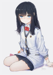 Rule 34 | 10s, 1girl, ano54, black hair, black skirt, blue eyes, blush, bow, cardigan, closed mouth, collared shirt, commentary request, full body, grey background, gridman universe, hair between eyes, highres, long hair, long sleeves, looking at viewer, miniskirt, orange scrunchie, pleated skirt, red bow, scrunchie, shirt, sitting, skirt, solo, ssss.gridman, takarada rikka, white cardigan, white shirt, wrist scrunchie, yokozuwari