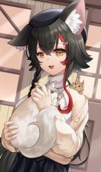 Rule 34 | 1girl, :d, animal, animal ear fluff, animal ears, animal on shoulder, beret, black hair, black hat, black skirt, braid, brown eyes, cat, cat on shoulder, commentary, fang, hair between eyes, hat, highres, holding, holding animal, holding cat, hololive, long hair, long sleeves, looking at viewer, multicolored hair, off shoulder, ookami mio, ookami mio (street), open mouth, ponytail, red hair, roina (effj7473), shirt, single braid, skin fang, skirt, sleeveless, sleeveless shirt, smile, solo, streaked hair, sweater, upper body, very long hair, virtual youtuber, white shirt, wolf ears, wolf girl, yellow sweater