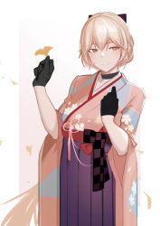 Rule 34 | 1girl, absurdres, black bow, black choker, black gloves, blonde hair, bow, choker, closed mouth, earrings, girls&#039; frontline, gloves, hair bow, hair ornament, hand up, highres, holding, holding petal, japanese clothes, jewelry, kimono, long hair, looking at viewer, official alternate costume, ots-14 (flurry of petals) (girls&#039; frontline), ots-14 (girls&#039; frontline), petals, salty eyes, simple background, solo, standing, yellow eyes