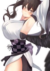 Rule 34 | 1girl, absurdres, armpits, black wings, blush, breasts, commentary request, detached sleeves, from side, highres, himekaidou hatate, huge breasts, kawai yade, kourindou tengu costume, long hair, looking at viewer, obi, obijime, sash, simple background, smile, solo, touhou, white background, wings