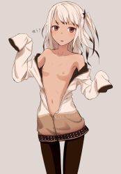 Rule 34 | 1girl, bad id, bad pixiv id, black hair, black pantyhose, breasts, bullfalk, jacket, looking at viewer, multicolored hair, nipples, open clothes, open jacket, open mouth, original, pantyhose, partially undressed, shirt, silver hair, simple background, sleeves past wrists, small breasts, solo, sweatdrop, two-tone hair, unzipped