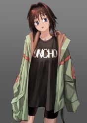 Rule 34 | 1girl, :o, bike shorts, black shirt, blue eyes, brown hair, clothes writing, cowboy shot, green jacket, grey background, hair intakes, head tilt, highres, jacket, jewelry, kilye kairi, long sleeves, looking at viewer, mechanical ears, medium hair, mole, mole under eye, necklace, open clothes, open jacket, original, parted lips, romaji text, shirt, solo, spread legs, standing, translation request