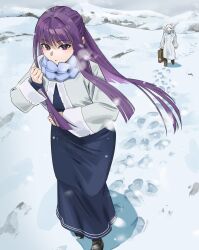 Rule 34 | 2girls, absurdres, blunt bangs, breath, coat, cold, elf, fern (sousou no frieren), footprints, frieren, highres, lewdrawings, long hair, long sleeves, multiple girls, official alternate costume, parted bangs, pointy ears, purple hair, purple pupils, scarf, shoe print, snow, snowing, sousou no frieren, straight hair, twintails, white coat, winter, winter clothes, winter coat