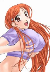 Rule 34 | 00s, 1girl, bleach, blush, breast lift, breasts, brown eyes, covered erect nipples, grabbing, grabbing another&#039;s breast, hair ornament, huge breasts, inoue orihime, large breasts, long hair, open mouth, orange hair, shirt, shizuki shuuya, simple background, smile, solo, t-shirt, white background