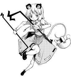 Rule 34 | animal ears, basket, crystal, dowsing rod, greyscale, jewelry, kannazuki hato, monochrome, mouse (animal), mouse ears, mouse tail, nazrin, pendant, short hair, simple background, solo, tail, touhou