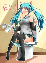 Rule 34 | 1girl, baretto (karasi07), black thighhighs, blue eyes, blue hair, blush, breasts, detached sleeves, hatsune miku, highres, long hair, matching hair/eyes, necktie, panties, solo, stained panties, striped clothes, striped panties, surprised, sweat, thighhighs, toilet, toilet paper, toilet use, trembling, twintails, underwear, very long hair, vocaloid, wet, wet clothes, wet panties, wide-eyed