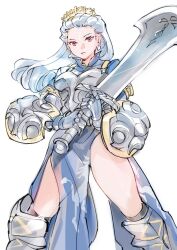 Rule 34 | 1girl, armor, armored boots, armored dress, blue hair, boots, breastplate, crown, earrings, facing viewer, fighting stance, gauntlets, highres, holding, holding sword, holding weapon, jewelry, legs apart, long hair, looking at viewer, red eyes, sketch, solo, standing, sword, thighs, two-handed sword, ug333333, unicorn overlord, weapon, white background