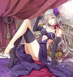 Rule 34 | 1girl, bare shoulders, black gloves, black thighhighs, blue dress, breasts, collarbone, crossed legs, curtains, dress, elbow gloves, fate/grand order, fate (series), flower, food, fruit, gloves, grapes, grey eyes, grey hair, hair flower, hair ornament, highres, holding, jeanne d&#039;arc (fate), jeanne d&#039;arc alter (avenger) (fate), jeanne d&#039;arc alter (fate), jh, long hair, looking at viewer, medium breasts, official alternate costume, parted lips, pillow, purple flower, single thighhigh, solo, thighhighs, thighs, tsurime, very long hair, wavy hair, yellow eyes
