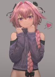 Rule 34 | 1boy, absurdres, aran sweater, astolfo (fate), black bow, blush, bow, braid, cable knit, closed mouth, clothing cutout, fang, fang out, fate/apocrypha, fate (series), free style (yohan1754), grey background, hair between eyes, hair bow, hair intakes, heart, highres, long braid, long hair, long sleeves, looking at viewer, low-tied long hair, male focus, midriff, multicolored hair, pink hair, purple eyes, purple sweater, shoulder cutout, simple background, single braid, smile, solo, spoken heart, streaked hair, sweater, trap, turtleneck, turtleneck sweater, white hair
