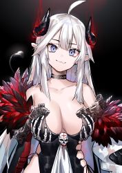 Rule 34 | 1girl, absurdres, ahoge, black feathers, blue eyes, breasts, choker, cleavage, collarbone, demon horns, demon tail, dress, fang, feather boa, feathers, glowing, glowing horns, highres, horns, indie virtual youtuber, large breasts, long hair, neonbeat, sidelocks, skin fang, skull, smile, solo, tail, vei (vtuber), vei (vtuber) (4th costume), virtual youtuber, white hair