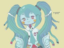 Rule 34 | 1girl, aqua hair, blush, borrowed design, cable hair, draw this in your style challenge, green background, hands up, hatsune miku, highres, horijion, long hair, miku day, parted lips, red eyes, shadow, simple background, smile, solo, twintails, twitter username, vocaloid