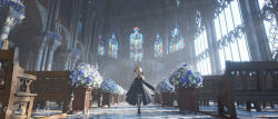 Rule 34 | 1girl, absurdres, alternate costume, arch, architecture, backlighting, black dress, blonde hair, bouquet, cathedral, church, detached sleeves, dress, elbow gloves, flower, from behind, from below, genshin impact, gloves, hair ornament, highres, lumine (genshin impact), pew, pillar, short hair with long locks, sidelocks, sleeveless, sleeveless dress, solo, stained glass, statue, thighhighs, void 0, window