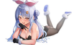 Rule 34 | 1girl, absurdres, black gloves, breasts, cleavage, gloves, highres, hololive, long hair, looking at viewer, lying, medium breasts, on stomach, open mouth, orange eyes, raag jp, simple background, smile, solo, the pose, usada pekora, usada pekora (casual), virtual youtuber
