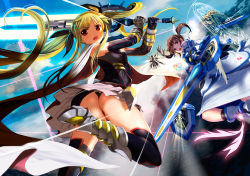 Rule 34 | 3girls, ankle wings, ass, bardiche (nanoha), bardiche (straight saber form) (nanoha), belt, beret, black gloves, black thighhighs, black wings, blonde hair, book, boots, breasts, brown eyes, brown hair, cape, cloud, detached sleeves, energy sword, fate testarossa, fate testarossa (blaze form ii), fingerless gloves, floating, gauntlets, gloves, glowing, hair ribbon, hat, highres, holographic monitor, juliet sleeves, long hair, long sleeves, looking back, lyrical nanoha, magic circle, magical girl, mahou shoujo lyrical nanoha, mahou shoujo lyrical nanoha the movie 3rd: reflection, mikazuki akira!, multiple girls, multiple wings, open mouth, parted bangs, puffy sleeves, ribbon, schwertkreuz, short hair, short twintails, skirt, sky, small breasts, staff, strike cannon, sword, takamachi nanoha, takamachi nanoha (fortress mode), thighhighs, tome of the night sky, twintails, very long hair, weapon, white cape, white skirt, wings, yagami hayate
