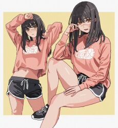 Rule 34 | 1girl, absurdres, black hair, black shorts, blush, cake, cake slice, chainsaw man, commentary, cross scar, dolphin shorts, facial scar, food, hand on own face, hands up, highres, looking at viewer, navel, orange eyes, ringed eyes, scar, scar on cheek, scar on face, scar on nose, shiren (ourboy83), short shorts, shorts, simple background, sitting, solo, standing, stomach, symbol-only commentary, yellow background, yoru (chainsaw man)