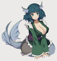 1girl, bangs, blue eyes, blue hair, blunt bangs, breasts, cleavage, closed mouth, drill locks, eyebrows visible through hair, frilled kimono, frills, full body, green kimono, grey background, head fins, highres, japanese clothes, kimono, kuroshirase, large breasts, long sleeves, looking at viewer, mermaid, monster girl, purple sash, sash, short hair, simple background, smile, solo, touhou, twitter username, wakasagihime