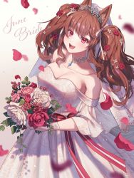 Rule 34 | 1girl, :d, angelina (arknights), animal ears, arknights, bare shoulders, blush, bouquet, breasts, bridal veil, bride, brown hair, choker, cleavage, commentary request, cowboy shot, dress, flower, fox ears, gloves, gradient background, grey background, highres, large breasts, long hair, off-shoulder dress, off shoulder, open mouth, petals, red eyes, red flower, red rose, ribbon, rose, short sleeves, smile, solo, standing, tanagawa makoto, tiara, twintails, veil, wedding dress, white dress, white flower, white gloves, white ribbon, white rose
