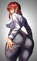 Rule 34 | 1girl, absurdres, ass, ass focus, black nails, black pants, blue panties, braid, braided ponytail, breasts, business suit, chainsaw man, curvy, evil grin, evil smile, formal, from behind, grabbing own thigh, grin, high-waist pants, highres, huge ass, large breasts, long hair, looking at viewer, looking back, makima (chainsaw man), nail polish, narrow waist, panties, pants, pantylines, red hair, ribosoma 42, ringed eyes, shirt tucked in, smile, solo, suit, thick thighs, thighs, underwear, wide hips, yellow eyes