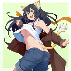 Rule 34 | 1girl, :d, animal ear fluff, animal ears, ass, black hair, blouse, blue shorts, border, breasts, brown coat, butt crack, cat ears, coat, commission, curled fingers, forehead, from behind, green eyes, hair between eyes, highres, legs apart, long hair, maruto!, off shoulder, open mouth, original, pixiv commission, scarf, unworn scarf, shirt, shorts, sleeveless, sleeves past wrists, smile, sollyz (sollyz), solo, tail, teeth, two-tone background, underboob, upper teeth only, white border, white shirt
