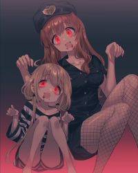 Rule 34 | 2girls, :3, bags under eyes, blonde hair, blood, blood on face, breast pocket, breasts, brown hair, buttons, collarbone, fishnets, futaba anzu, halloween, hat, idolmaster, idolmaster cinderella girls, kurasaki moroko, long hair, medium breasts, moroboshi kirari, multiple girls, open mouth, outstretched arms, pocket, prison clothes, red eyes, shirt, short sleeves, striped clothes, striped shirt, twintails, zombie pose