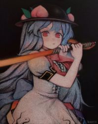 Rule 34 | 1girl, black background, black headwear, closed mouth, commentary, english commentary, food, fruit, highres, hinanawi tenshi, holding, holding sword, holding weapon, leaf, looking at viewer, peach, rainbow order, red eyes, shirt, short sleeves, signature, simple background, solo, svveetberry, sword, sword of hisou, touhou, weapon, white shirt