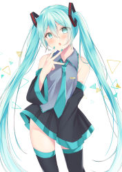 Rule 34 | 1girl, :o, absurdres, aqua eyes, aqua hair, aqua necktie, bad id, bad pixiv id, bare shoulders, black skirt, black sleeves, black thighhighs, blush, commentary request, cowboy shot, detached sleeves, fingers to mouth, grey shirt, hair between eyes, hair ornament, hand up, hatsune miku, highres, long hair, long sleeves, looking at viewer, mamiko kobayashi, necktie, open mouth, shirt, simple background, skirt, solo, standing, thighhighs, twintails, two-tone legwear, two-tone skirt, very long hair, vocaloid, white background