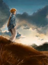 Rule 34 | 1boy, arrow (projectile), blue shirt, brown hair, cloud, day, field, from side, gensou suikoden, gensou suikoden iv, grass, hand in pocket, long sleeves, male focus, maru-pan, mountainous horizon, nature, pants, quiver, shirt, short hair, sky, solo, standing, ted (suikoden), white pants