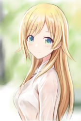 Rule 34 | 1girl, blonde hair, blue eyes, blurry, blurry background, blush, breasts, closed mouth, collared shirt, commentary request, from side, hachimiya meguru, idolmaster, idolmaster shiny colors, long hair, long sleeves, looking at viewer, nannacy7, shirt, smile, solo, upper body, white shirt
