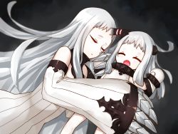 Rule 34 | 10s, 2girls, abyssal ship, bad id, bad pixiv id, bare shoulders, claws, detached sleeves, dress, closed eyes, horns, kantai collection, long hair, long sleeves, mittens, multiple girls, northern ocean princess, open mouth, ribbed sweater, sawatari (sado), seaport princess, silver hair, single horn, sleeping, sweater, sweater dress, very long hair, white dress, wide sleeves