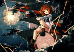 Rule 34 | 1girl, akaiha (akaihasugk), bad id, bad pixiv id, bare legs, black shirt, cloud, cloudy sky, drum, drumsticks, horikawa raiko, instrument, lightning, looking to the side, necktie, open mouth, red eyes, red hair, shining needle castle, shirt, shoes, short hair, skirt, sky, smile, thighs, touhou