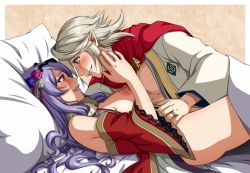 Rule 34 | 1boy, 1girl, adricarra, alternate costume, artist name, bed sheet, blush, border, breasts, camilla (fire emblem), cape, corrin (fire emblem), corrin (male) (fire emblem), eyelashes, fire emblem, fire emblem fates, flower, hair flower, hair ornament, hand up, huge nipples, jewelry, large breasts, leaning on person, long hair, looking at another, lying, nail polish, nintendo, official alternate costume, on back, open clothes, open shirt, parted lips, partially undressed, pillow, pointy ears, puffy nipples, purple eyes, purple hair, purple nails, red cape, red robe, ring, robe, shadow, sidelocks, silver hair, smile, thighs, tiara, watermark, wavy hair, white border, white robe