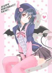 Rule 34 | 10s, 1girl, between legs, black hair, blush, bow, character name, demon tail, dotted background, frapowa, hand between legs, happy birthday, heart, hood, hoodie, horns, looking at viewer, love live!, love live! school idol festival, love live! school idol project, pink thighhighs, red eyes, skirt, smile, solo, spoken heart, tail, thighhighs, wings, yazawa nico