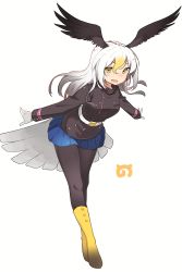 Rule 34 | 1girl, :d, bald eagle (kemono friends), belt, bent over, bird tail, bird wings, black jacket, black pantyhose, blonde hair, blue skirt, boots, breast pocket, brown footwear, buttons, eyelashes, feathered wings, floating hair, full body, gloves, gradient boots, gradient footwear, gradient hair, grey hair, hair between eyes, head wings, highres, jacket, japari symbol, kei (soundcross), kemono friends, long hair, long sleeves, looking at viewer, military, military jacket, military uniform, multicolored boots, multicolored hair, open mouth, outstretched arms, pantyhose, pleated skirt, pocket, simple background, skirt, smile, solo, standing, tail, teeth, tsurime, two-tone boots, two-tone footwear, uniform, upper teeth only, white background, white belt, white gloves, white hair, wings, yellow buttons, yellow eyes, yellow footwear