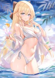 Rule 34 | 1girl, absurdres, bare shoulders, bikini, blonde hair, blouse, blue eyes, braid, breasts, cleavage, closed mouth, collarbone, commission, cowboy shot, drink, french braid, halterneck, halterneck, hand up, highres, large breasts, long hair, looking at viewer, navel, ocean, open clothes, open shirt, original, picter, second-party source, see-through, shirt, side-tie bikini bottom, sidelocks, sky, smile, solo, sonya (schan), swimsuit, very long hair, wading, water, white bikini