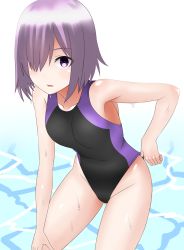 Rule 34 | 1girl, 30-06, adjusting clothes, adjusting swimsuit, alternate costume, bad id, bad pixiv id, black one-piece swimsuit, competition swimsuit, cowboy shot, fate/grand order, fate (series), hair over one eye, hand on own knee, highres, leaning forward, looking at viewer, mash kyrielight, one-piece swimsuit, purple eyes, purple hair, short hair, solo, swimsuit, water