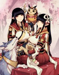 Rule 34 | 2girls, artist name, bird, black hair, blunt bangs, cherry blossoms, dango, eyeshadow, felyne, fewer digits, fishine, food, hair ornament, highres, hinoa, japanese clothes, kimono, long hair, looking at viewer, makeup, minoto, monster hunter (series), monster hunter rise, multiple girls, owl, pointy ears, red eyeshadow, siblings, signature, sisters, traditional clothes, twins, wagashi, wolf