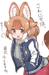 Rule 34 | 1girl, animal ear fluff, animal ears, blue jacket, blush, breath, brown eyes, casual, commentary request, cowboy shot, dhole (kemono friends), dog ears, dog girl, dog tail, drawstring, extra ears, grey hoodie, hands in pockets, highres, hood, hood down, hoodie, jacket, kemono friends, kemono friends 3, light brown hair, long sleeves, multicolored hair, official alternate costume, open clothes, open jacket, pink legwear, solo, striped sleeves, tail, tanaka kusao, translation request, white hair