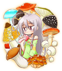 Rule 34 | 1girl, ahoge, bare shoulders, blush, bow, braid, chibi, closed mouth, collarbone, commentary request, food, green shirt, grey hair, hair between eyes, hair bow, hand up, holding, holding food, hoshi syoko, idolmaster, idolmaster cinderella girls, long hair, long sleeves, looking at viewer, mushroom, naga u, nervous smile, nose blush, off shoulder, pink bow, plant request, purple eyes, shirt, single braid, smile, solo, upper body, very long hair, wavy mouth, white background, wide sleeves