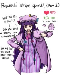 Rule 34 | 1girl, absurdres, aqua bow, bags under eyes, blunt bangs, bow, commentary, cowboy shot, crescent, crescent hat ornament, dress, english commentary, english text, hat, hat ornament, highres, jacket, like and retweet, long hair, meme, mob cap, patchouli knowledge, purple bow, purple eyes, purple hair, purple jacket, simple background, striped clothes, striped dress, tem (insomnia tem), touhou, twitter strip game (meme), vertical-striped clothes, vertical-striped dress, very long hair, white background