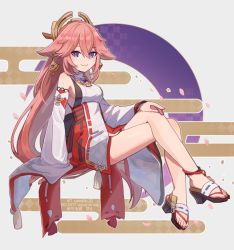 Rule 34 | 1girl, animal ears, anklet, blouse, detached sleeves, earrings, fox ears, full body, genshin impact, highres, japanese clothes, jewelry, kimono, long hair, looking at viewer, low-tied long hair, miko, mitsudomoe (shape), nontraditional miko, pink hair, purple eyes, sandals, shirt, sitting, smile, solo, tamakibi, tomoe (symbol), vision (genshin impact), white shirt, yae miko