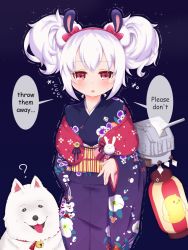 Rule 34 | 1girl, ?, animal, animal ears, azur lane, bell, blue kimono, blush, bow, cannon, chick print, commentary, dog, double bun, english text, fingernails, floral print, flying sweatdrops, hair bow, hair bun, hairband, highres, japanese clothes, jingle bell, kimono, laffey (azur lane), laffey (snow rabbit and candy apple) (azur lane), lantern, long sleeves, looking at viewer, obi, paper lantern, parted lips, print kimono, purple background, rabbit ears, red bow, red eyes, red hairband, sash, side bun, sidelocks, solo, sonodaeri, sweat, tears, tongue, tongue out, trembling, turret, wide sleeves