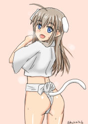Rule 34 | 1girl, :d, ahoge, animal ears, ass, blue eyes, blush, cat ears, cat tail, from behind, fundoshi, hachimitsu-b, japanese clothes, light brown hair, long hair, looking back, mizu happi, open mouth, pink background, simple background, smile, solo, strike witches, strike witches: katayoku no majo-tachi, sweatdrop, tail, twitter username, wilma bishop, world witches series