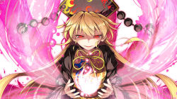 Rule 34 | 1girl, black dress, blonde hair, chima q, chinese clothes, commentary request, dress, energy, hat, headdress, highres, junko (touhou), long hair, long sleeves, red eyes, sash, simple background, solo, tabard, touhou, very long hair, white background, wide sleeves