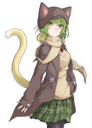 Rule 34 | 1girl, absurdres, animal ears, animal hat, atalanta (fate), belt, belt buckle, black pantyhose, blush, brown belt, brown coat, brown hat, brown scarf, brown sweater, buckle, cabbie hat, cat ears, cat girl, cat hat, cat tail, closed mouth, coat, fate/apocrypha, fate (series), gradient hair, green eyes, green hair, green skirt, hair between eyes, hat, head tilt, highres, kirishina (raindrop-050928), light brown hair, long sleeves, looking at viewer, multicolored hair, open clothes, open coat, pantyhose, plaid, plaid skirt, pleated skirt, scarf, simple background, skirt, sleeves past wrists, smile, solo, sweater, tail, tail raised, white background