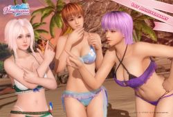 Rule 34 | 3d, 3girls, anniversary, ayane (doa), beach, bikini, blue eyes, breasts, cleavage, cloud, coconut tree, copyright name, cowboy shot, criss-cross halter, dead or alive, dead or alive xtreme, dead or alive xtreme venus vacation, floral print, halterneck, hand on own hip, kasumi (doa), large breasts, leaning forward, long hair, looking at another, luna (doa), medium breasts, multiple girls, official art, outdoors, palm tree, pink hair, red eyes, sky, standing, swimsuit, tecmo, tree