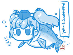 Rule 34 | 1girl, animalization, artist logo, atlanta (kancolle), blue theme, commentary request, fish, garrison cap, hat, kantai collection, kutone shirika, long hair, monochrome, sign, solid oval eyes, solo, translation request, twintails