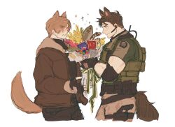 Rule 34 | 2boys, animal ears, ban (sunerul89204), bara, beard, bouquet, brown hair, bulletproof vest, camouflage, camouflage pants, chris redfield, cropped legs, curtained hair, dog boy, dog ears, dog tail, eyes visible through hair, facial hair, flower, from side, highres, holding, holding bouquet, kemonomimi mode, leon s. kennedy, light brown hair, light stubble, looking at another, male focus, mature male, multiple boys, muscular, muscular male, pants, resident evil, resident evil 6, short hair, sketch, smile, surprised, tail, yaoi
