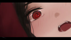 Rule 34 | 1girl, @ @, arm up, black hair, blush, close-up, dutch angle, fangs, highres, letterboxed, nose blush, open mouth, original, red eyes, saliva, shimmer, solo, tears, tongue